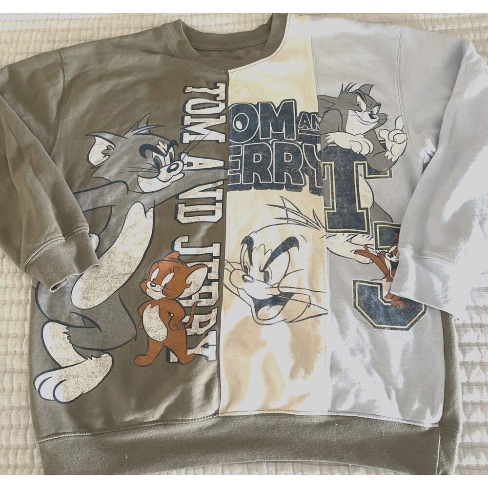 Tom & Jerry Vintage Sweatshirt Cartoon Colorblock Olive/Blue Long Sleeve Large
